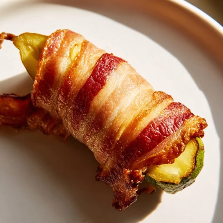 Crisp dill pickles wrapped in smoky bacon, lightly seasoned and baked until golden on a tray.