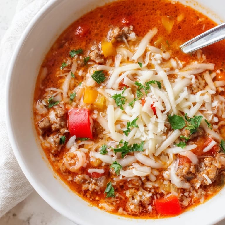 Serving suggestion for Pizza Soup in a white ceramic bowl, topped with gooey mozzarella and fresh parsley.