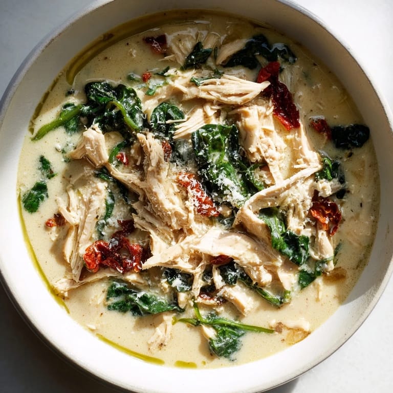 Creamy Tuscan chicken soup simmering in a pot with vibrant spinach, sun-dried tomatoes, and savory herbs, ready to be served.  