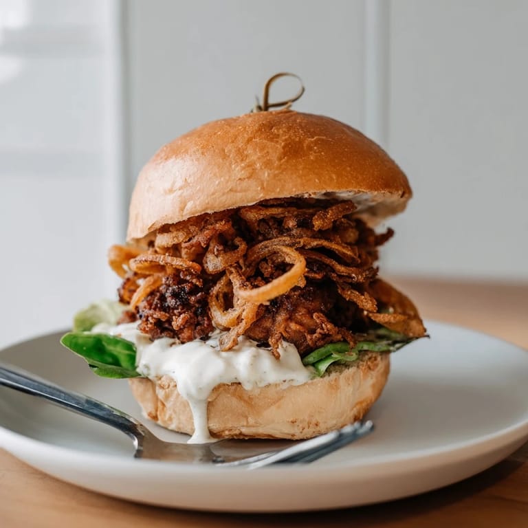A juicy Crispy Onion Chicken Sandwich stacked with crispy fried onions and fresh lettuce.  