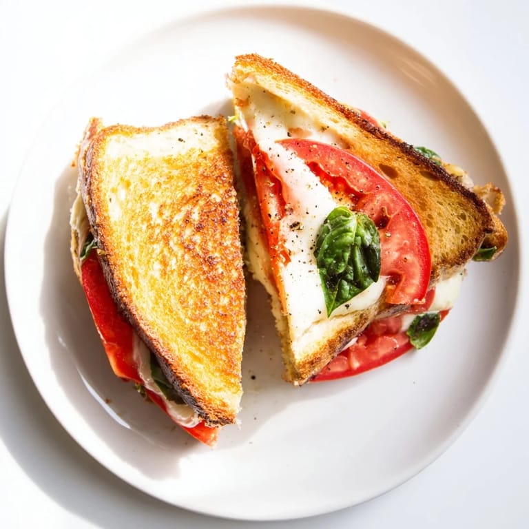 A classic Tomato Basil Grilled Cheese sandwich cut diagonally, ready to be dipped into a warm bowl of tomato soup.