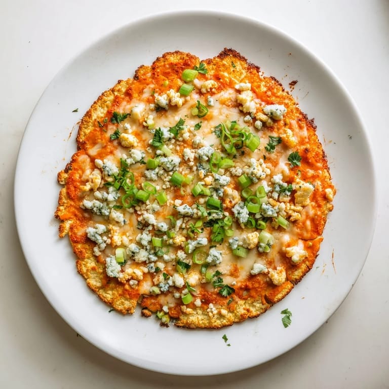 A slice of Buffalo Cauliflower Pizza rests on a wooden board beside celery sticks and a small ramekin of ranch.  