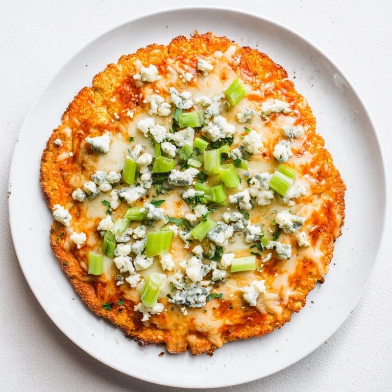 Vibrant green onions and optional blue cheese crumbles add color and zest to this vegetarian Buffalo Cauliflower Pizza.