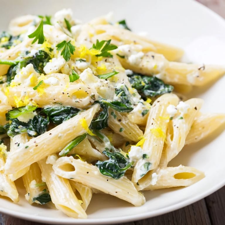Top-down view of a skillet of Creamy Feta Spinach Pasta, garnished with fresh basil and lemon zest, highlighting the melted feta texture.