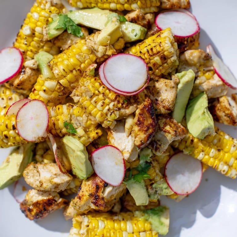 A vibrant Roasted Corn & Chicken Chopped Salad topped with fresh cilantro, perfect for a light lunch or refreshing dinner.  
