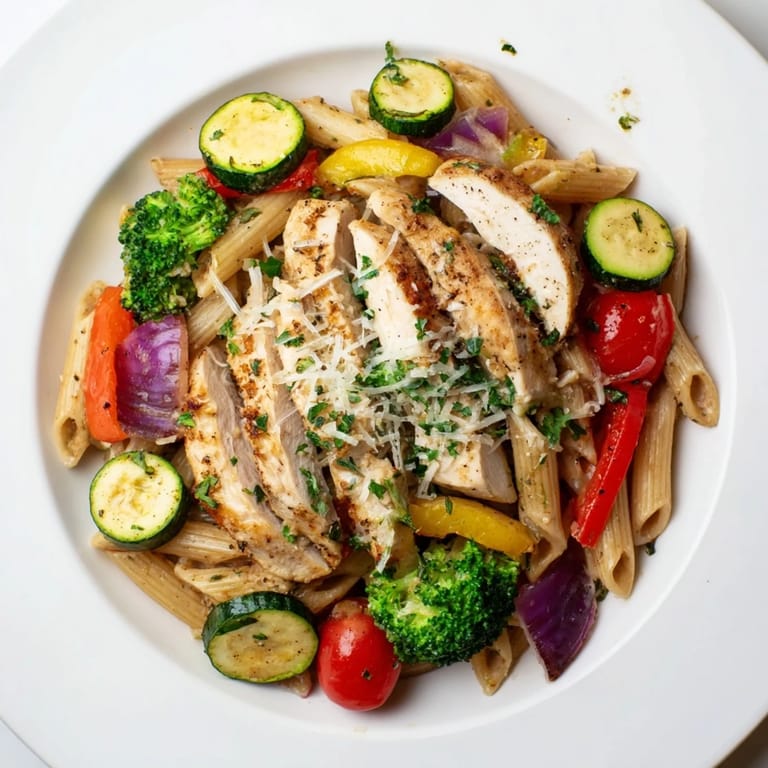 Garlic herb chicken and vegetable pasta served warm in a skillet, garnished with fresh parsley and Parmesan.  