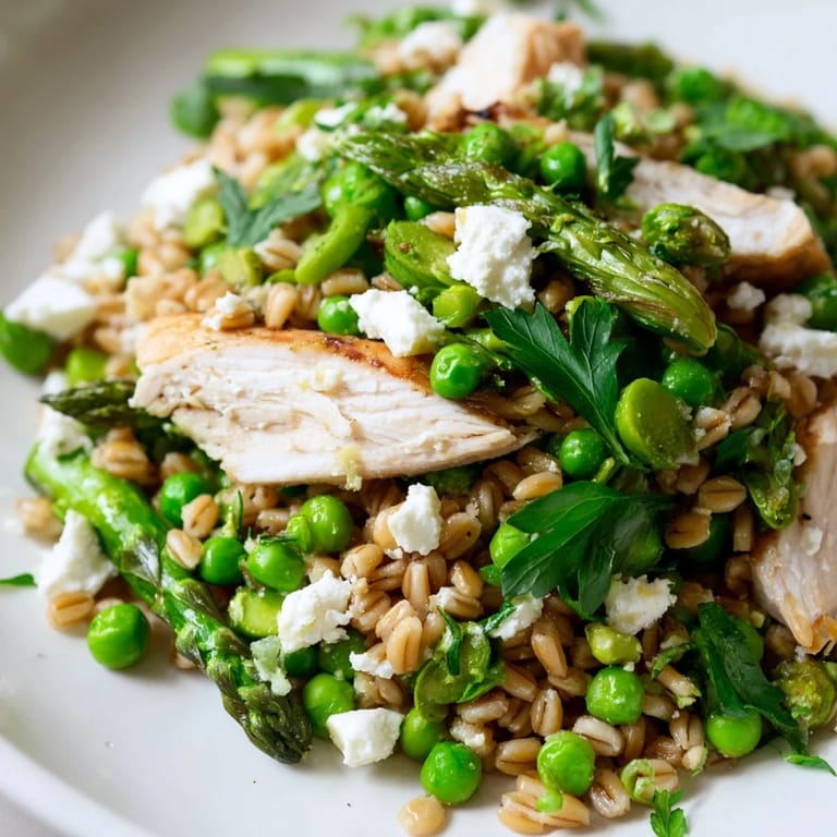 A large serving bowl of Warm Spring Farro Chicken Salad tossed with lemon vinaigrette, ready for a light lunch.