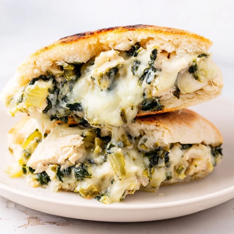 Freshly baked spinach artichoke chicken stuffed pita, cut in half to show the rich, cheesy Mediterranean-American filling.