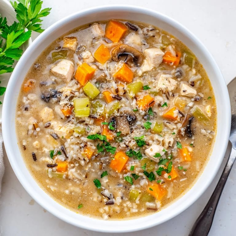 Ladle serving Parmesan Mushroom Chicken and Wild Rice Soup next to crusty bread and a glass of white wine.