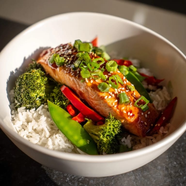 Close-up of succulent Maple Soy Glazed Salmon with crisp pan-seared skin, accompanied by colorful stir-fried bell peppers and broccoli, perfect for a healthy dinner.