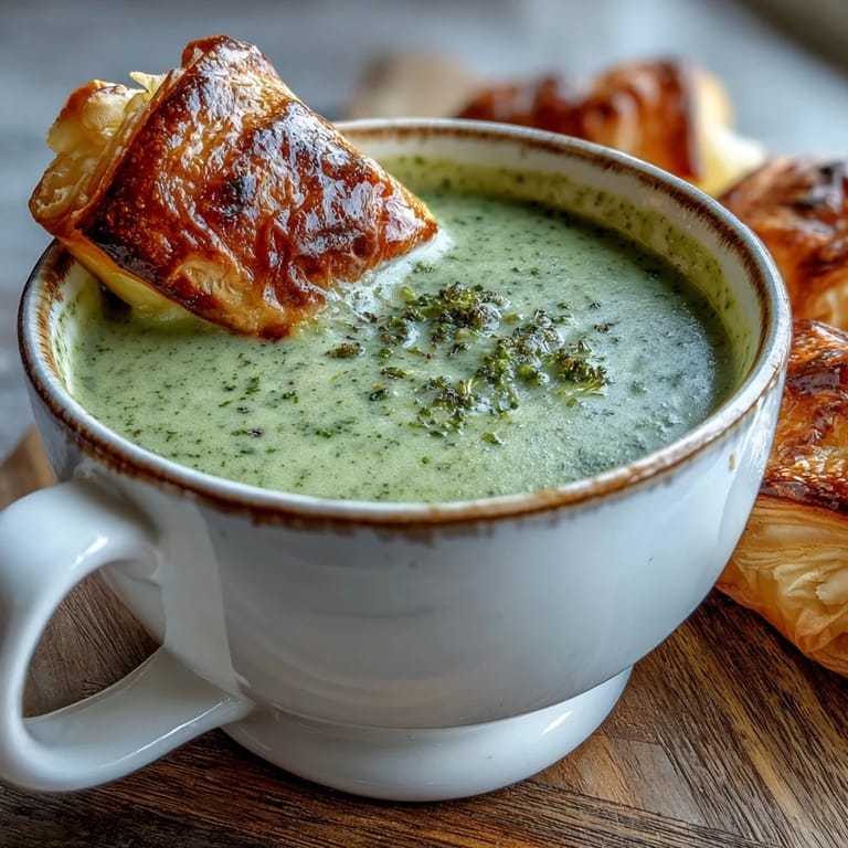 Close-up of a golden, flaky pastry filled with melted brie and cheddar, resting next to a bowl of creamy broccoli and butternut squash soup.