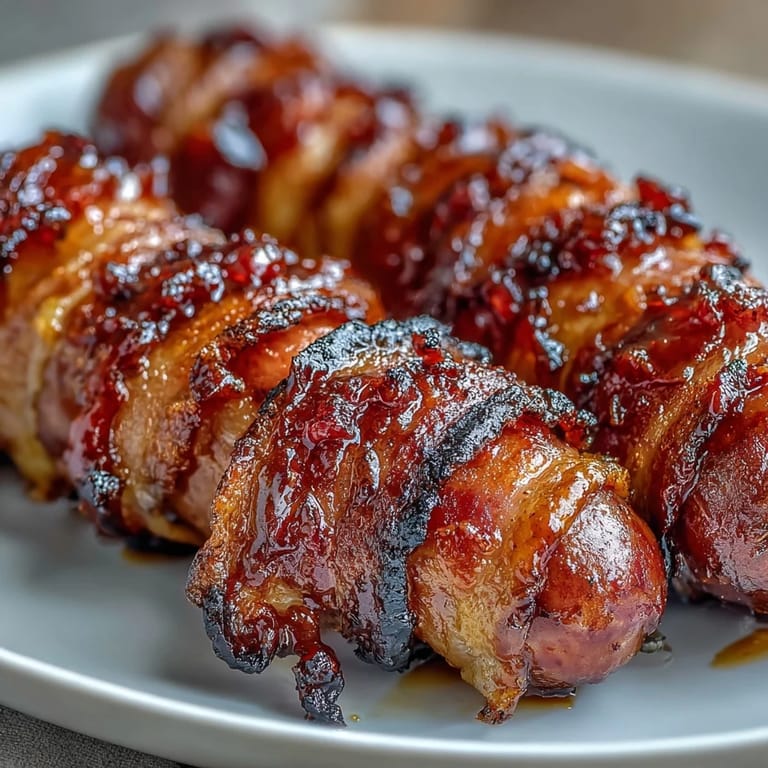 Savory mini cocktail sausages wrapped in smoky bacon, baked to crispy perfection with a hint of optional cayenne spice.