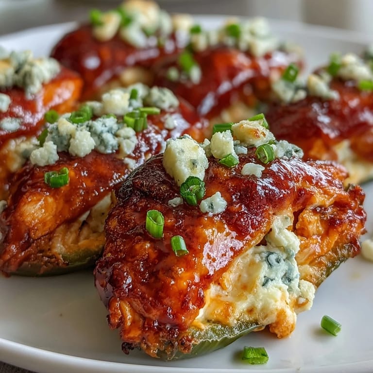 Spicy jalapeño halves filled with shredded chicken and creamy blue cheese, perfect for game day.
