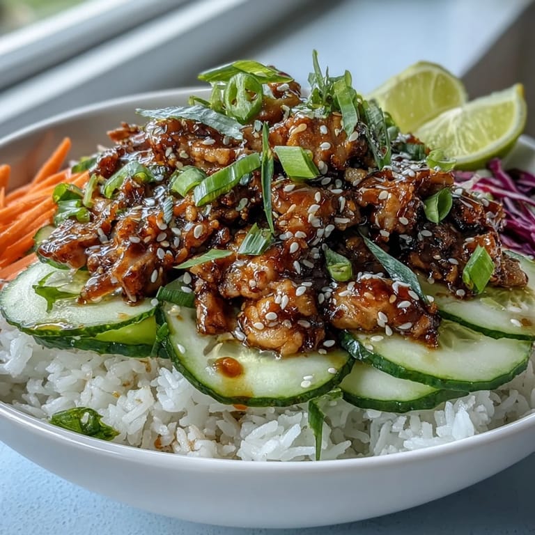 Lime wedges sit beside fluffy rice bowls with crunchy carrots cucumbers and red cabbage.