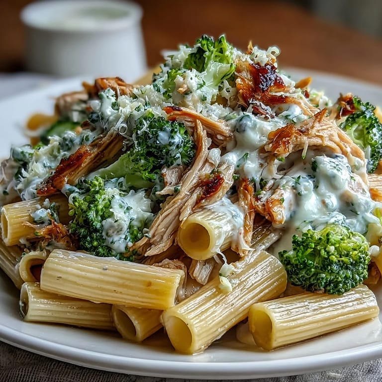 Garlic and lemon-scented skillet dish featuring juicy chicken, al dente pasta, and bright broccoli tossed in a silky yogurt sauce.