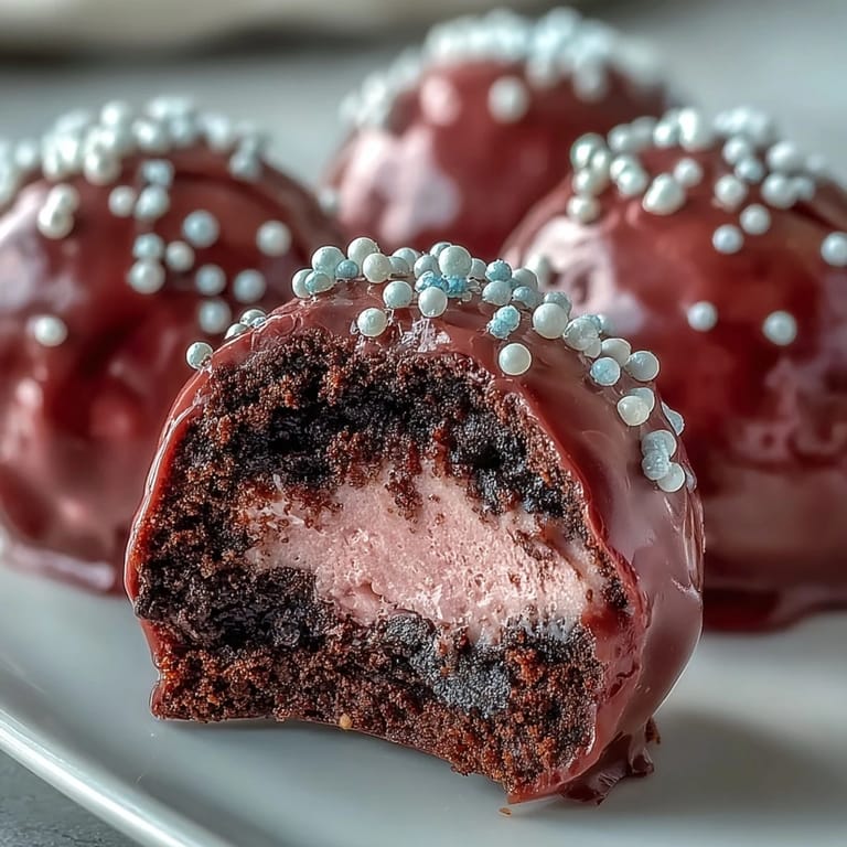Close-up of a smooth Oreo Truffle Ball with Pink Candy Coating, revealing a rich cream cheese core.