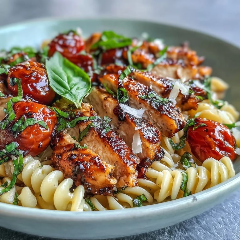 A warm bowl of Bruschetta Chicken Pasta featuring penne, tender chicken, melty mozzarella, chopped basil, and glossy balsamic-glazed tomatoes ready to serve.