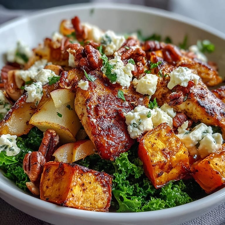 A warm autumn dinner bowl featuring roasted sweet potatoes, creamy goat cheese, and toasted almonds.  