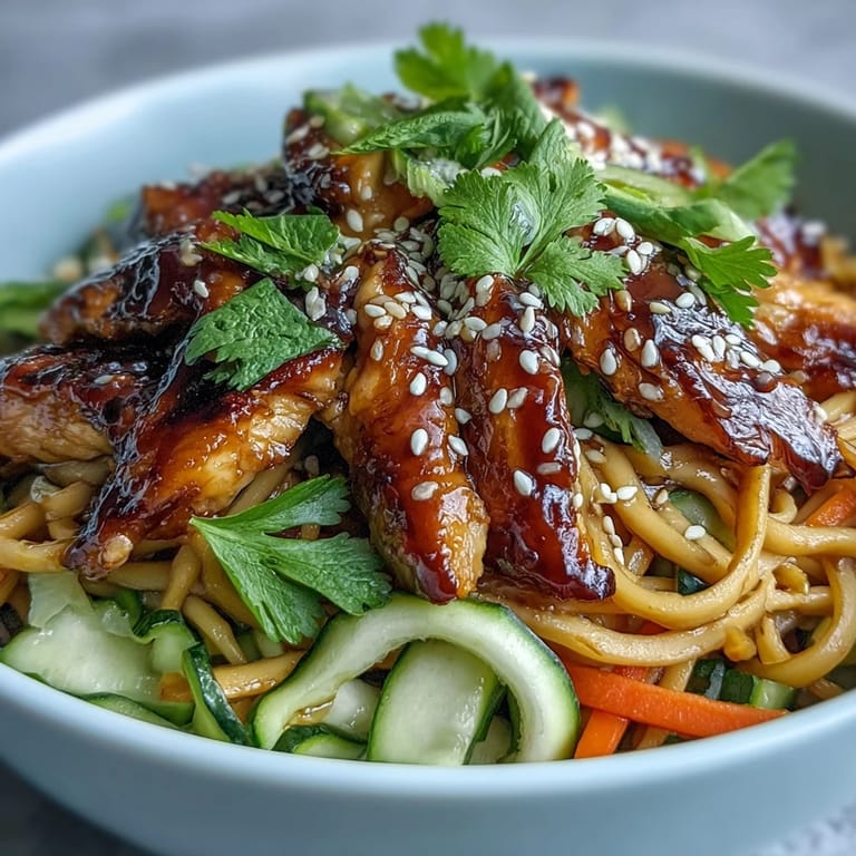 A vibrant Asian Chicken Noodle Bowl brimming with rice noodles, bell peppers, and fresh herbs, ready for a satisfying family dinner.