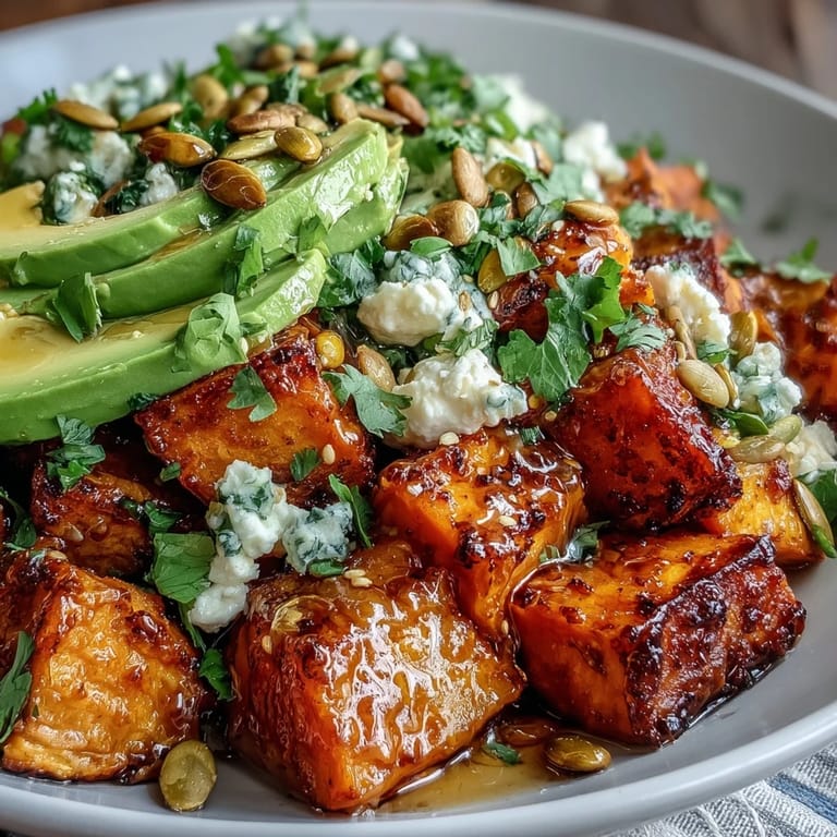 Close-up of the Hot Honey Sweet Potato Bowl with golden roasted sweet potatoes, smooth cottage cheese, and spicy-sweet hot honey glaze.