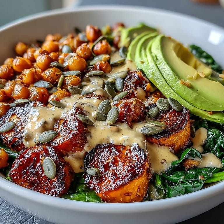A close-up of a nutritious roasted sweet potato and chickpea bowl, drizzled with chipotle tahini dressing for a smoky kick.