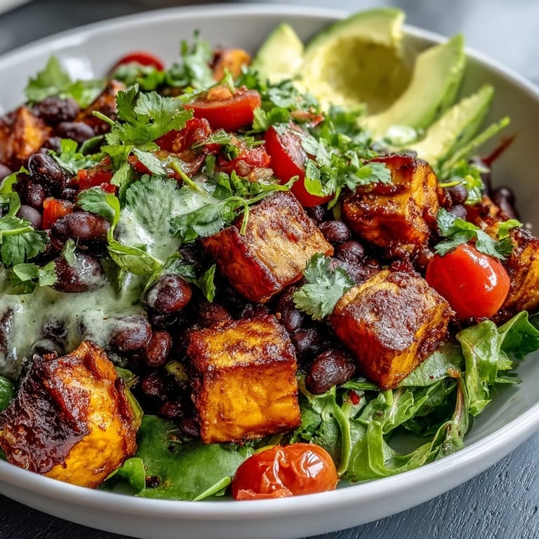 Hearty vegetarian Sweet Potato and Black Bean Bowl with mixed greens, cherry tomatoes, and a drizzle of lime dressing.