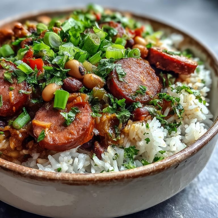 A hearty spoonful of Black-Eyed Pea Jambalaya reveals tender black-eyed peas, diced tomatoes, and smoked sausage in a rich, reddish broth.