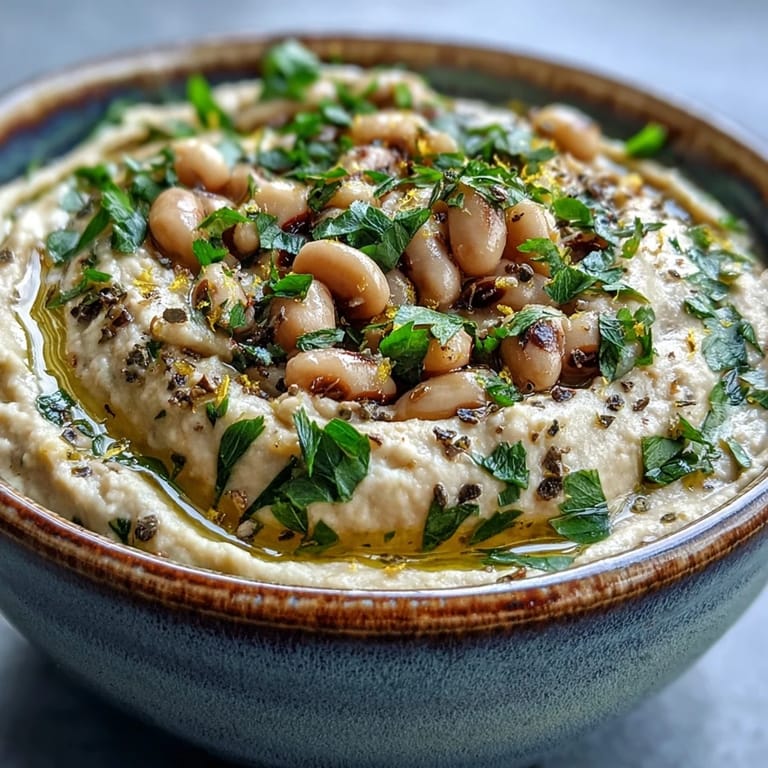 A rustic bowl of Smashed Black-Eyed Peas topped with lemon zest, served alongside crispy pita chips.