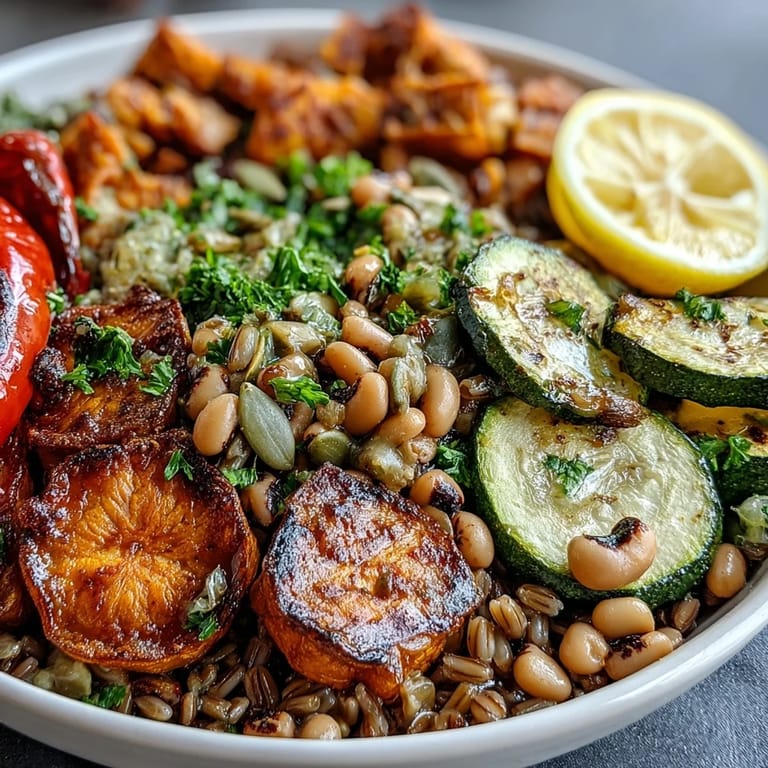 Vibrant Black-Eyed Pea Grain Bowl with colorful roasted vegetables, herbs, and pumpkin seeds on a rustic table.
