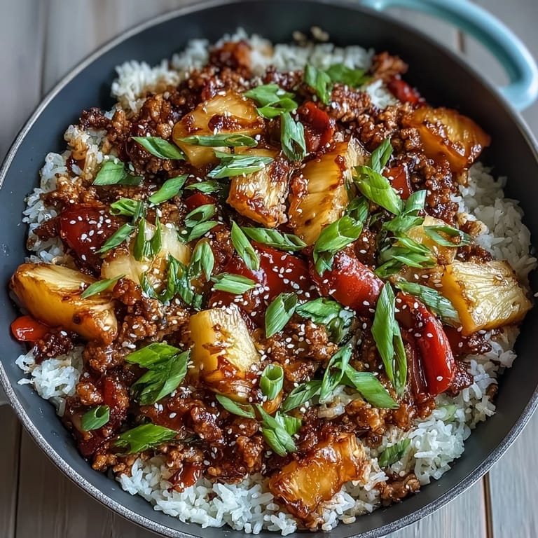 Colorful family-style skillet ready to serve, with pineapple chunks peeking through rice, turkey, and peppers on a rustic table.