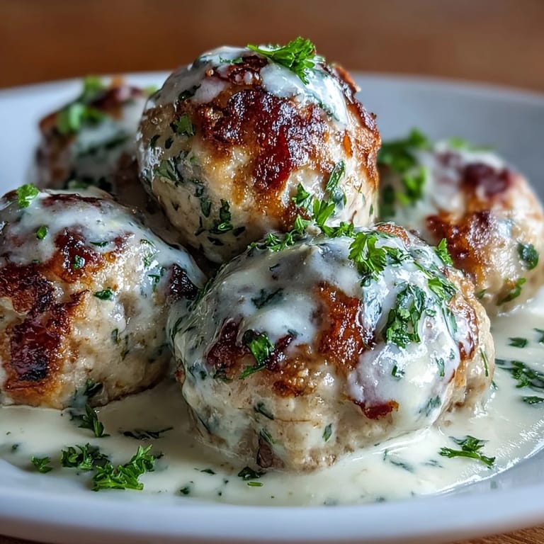 Baked Creamy Garlic Ranch Turkey Meatballs simmering in a creamy garlic sauce, ready to be garnished with fresh parsley.