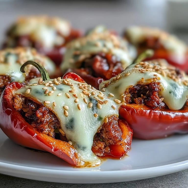 Golden, bubbly cheese covers savory Korean-Style Turkey Stuffed Sweet Peppers on a rustic wooden serving board.