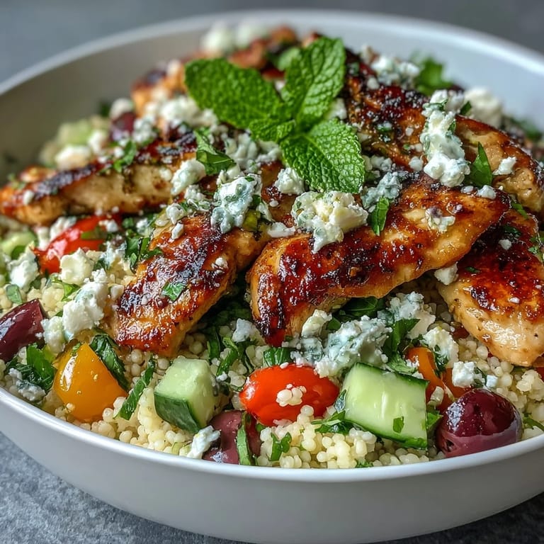 Tossed Mediterranean pearl couscous chicken bowls featuring crisp cucumber, bell pepper, mint, and a bright lemon dressing.