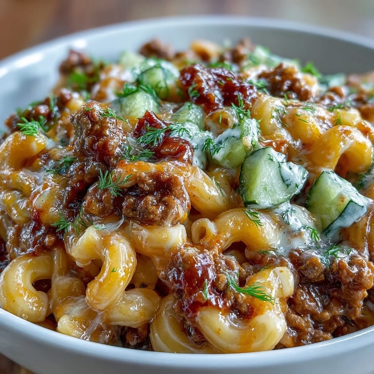Ground beef and elbow macaroni simmer in a savory tomato sauce, creating a creamy One-Pan Cheeseburger Chili Mac with ketchup and mustard notes.
