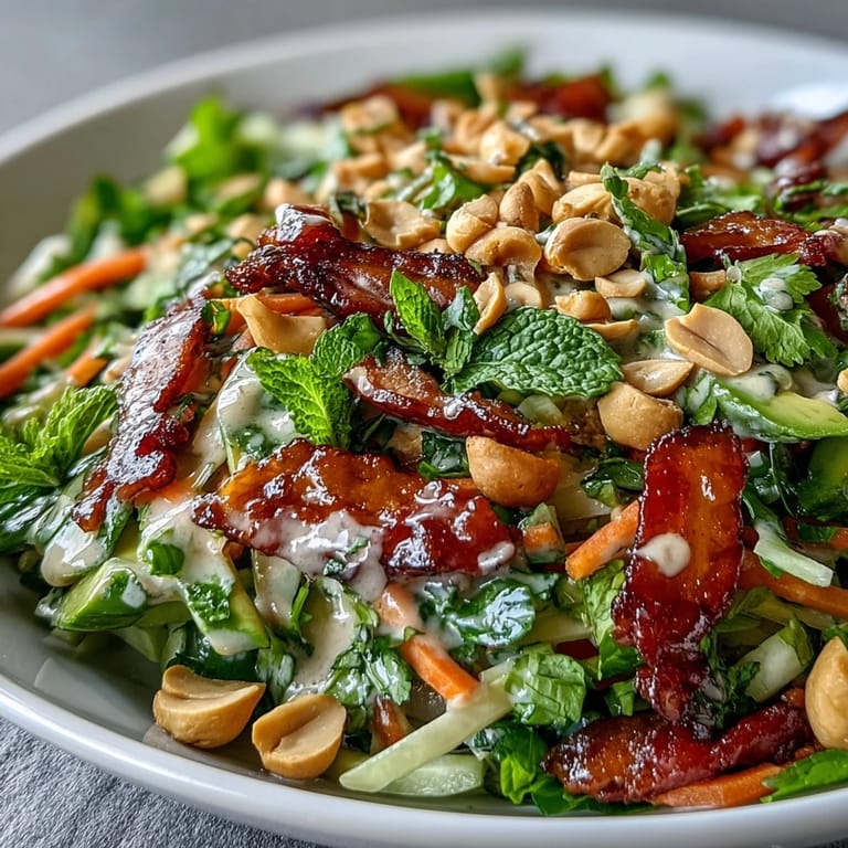 Vibrant Vietnamese-inspired salad with creamy peanut dressing, crunchy vegetables, and fresh herbs.  