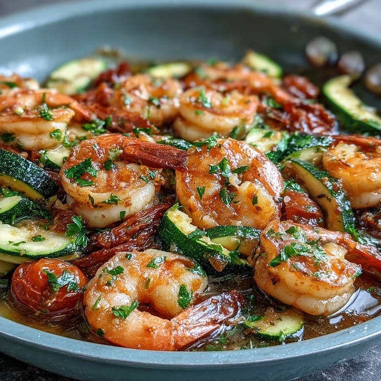 Easy one-pan lemon butter shrimp recipe with fresh zucchini and tomatoes, garnished with parsley for a bright, satisfying dish.