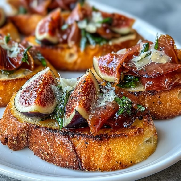 Savory crostini featuring prosciutto, creamy cheese, and juicy figs on golden toasted bread, perfect for elegant appetizers.