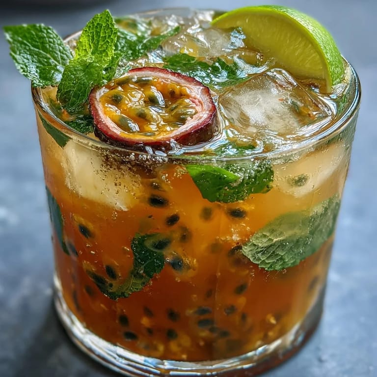 Elegant passionfruit cocktail garnished with mint leaves and lime wedges, combining white rum, sparkling water, and sweet passionfruit pulp.