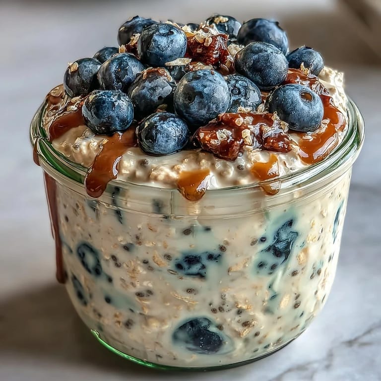 Layers of blueberry lemon overnight oats topped with crunchy toasted nuts for added texture.  