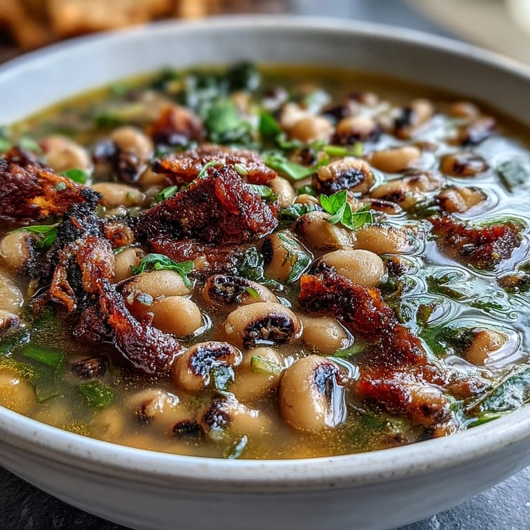 Creamy ham and black-eyed pea soup with diced ham, black-eyed peas, and aromatic herbs for New Year's luck.