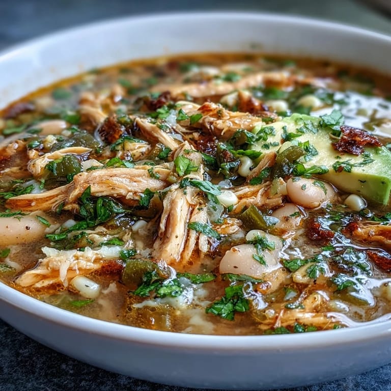 Hearty white bean chicken chili simmered with poblano peppers and corn, garnished with a dollop of Greek yogurt and fresh herbs.