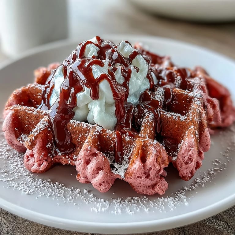 Vibrant pink waffles with rich cocoa flavor, topped with a smooth cream cheese drizzle—perfect for a Galentines brunch celebration.