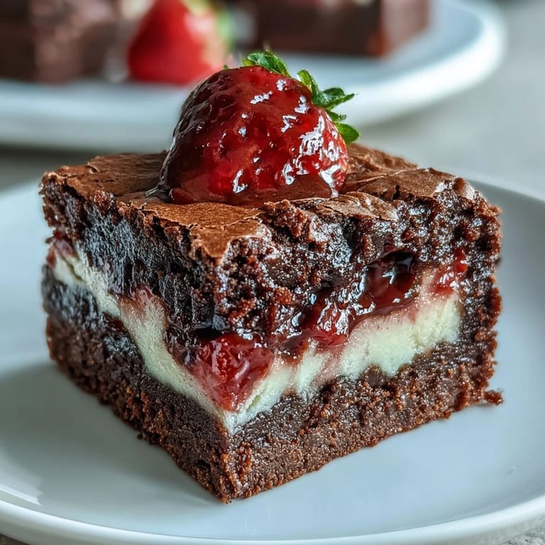 Fudgy brownie base topped with luscious strawberry cheesecake, creating a romantic marbled dessert.  