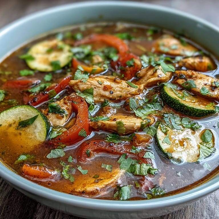 Healthy one-pot fajita soup with zucchini, peppers, and shredded chicken breast, seasoned with smoky cumin and chili powder.