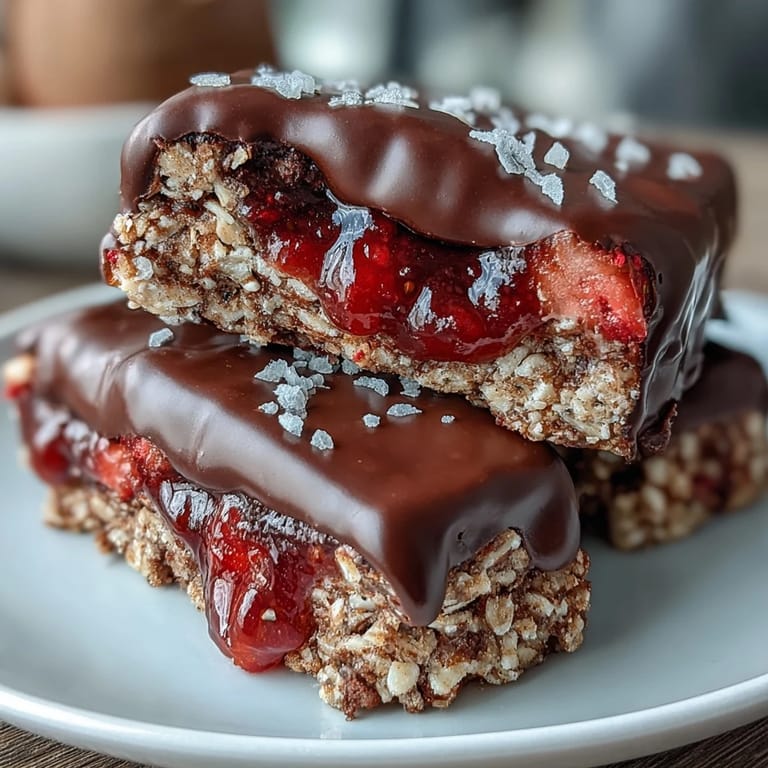 Chewy oat bars filled with strawberry preserves and topped with melted dark chocolate for a no-bake treat.  