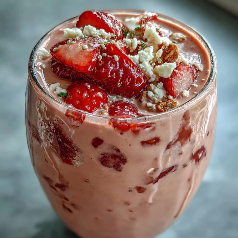A creamy protein-packed smoothie featuring ripe strawberries, banana, and chia seeds, perfect for a quick and healthy on-the-go meal.