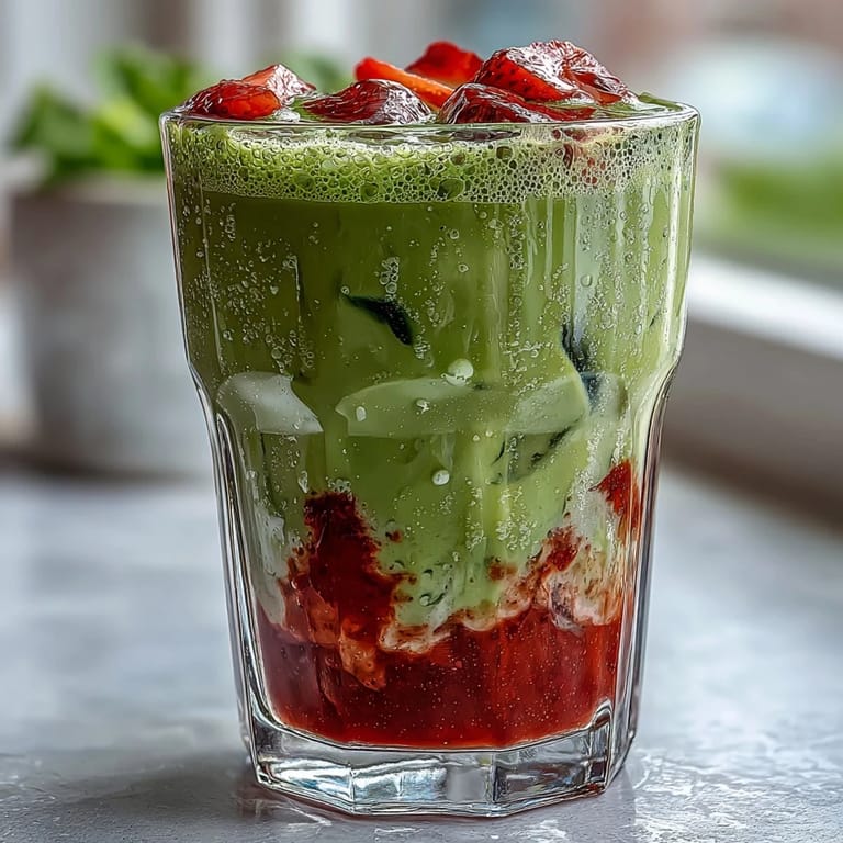Refreshing Strawberry Matcha Iced Latte served in a clear glass, showing the distinct pink, white, and green layers.