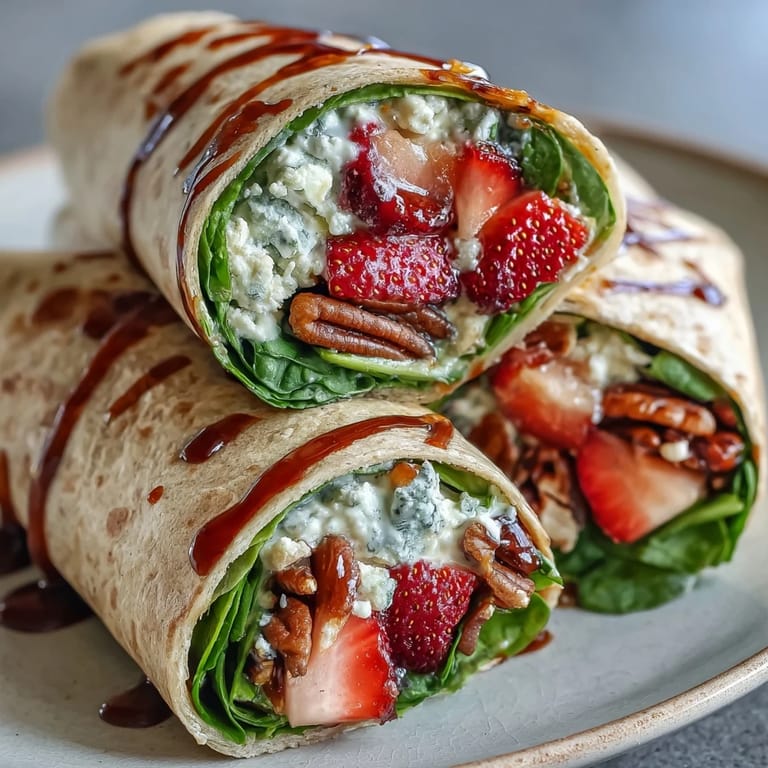 Vibrant whole wheat wraps filled with baby spinach, sliced strawberries, and tangy goat cheese for a refreshing vegetarian meal.  
