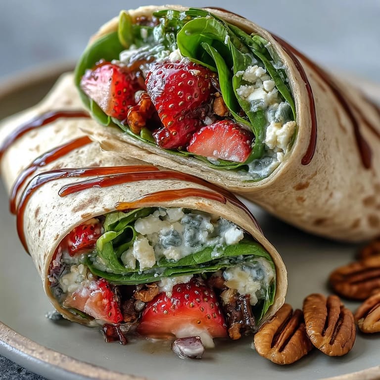 Colorful strawberry spinach wraps drizzled with balsamic glaze, topped with crunchy pecans and creamy goat cheese crumbles.
