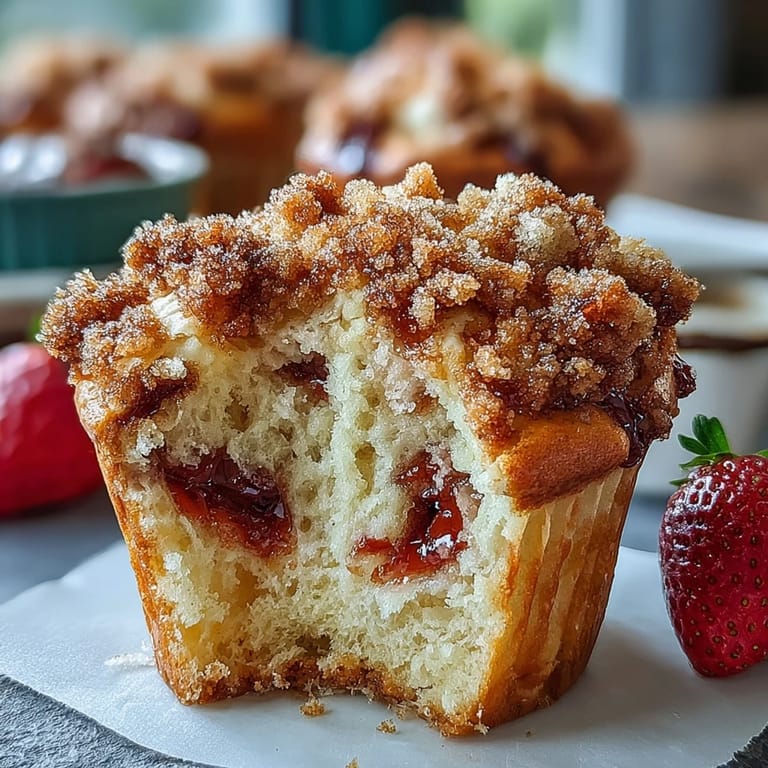 Golden muffins bursting with juicy strawberries and crunchy cinnamon crumb topping, ideal for brunch or snack.